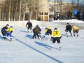 Mstyora,Russia-January 28,2012: Atheletic game of hockey on icy platform Royalty Free Stock Photo
