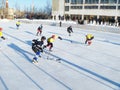 Mstyora,Russia-January 28,2012: Atheletic game of hockey on icy platform Royalty Free Stock Photo