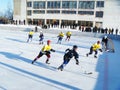 Mstyora,Russia-January 28,2012: Atheletic game of hockey on open platform Royalty Free Stock Photo