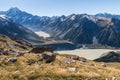 Mt Cook with Hooker Lake and Mueller Lake in Mount Cook National Park, New Zealand Royalty Free Stock Photo