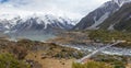 Mt Cook  Hooker Valley walkway,  lake Mueller and Hooker river, New Zealand Royalty Free Stock Photo