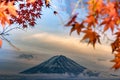 Mt Fuji in autumn behind the red maple tree from Lake Kawaguchiko in Yamanashi Royalty Free Stock Photo