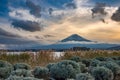 Mt Fuji in autumn behind the red maple tree from Lake Kawaguchiko in Yamanashi Royalty Free Stock Photo