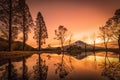 Mt. Fuji with big trees and lake at sunrise in Fujinomiya, Japan Royalty Free Stock Photo