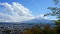 Mt Fuji and blue sky. Fujiyoshida is a city located in Yamanashi Prefecture, Japan. Mountain Fujiyama in the background