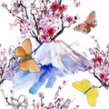 Mt Fuji , Cherry Blossom and butterflies. Royalty Free Stock Photo