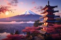 Mt Fuji with cherry blossom and chureito pagoda in Japan, Fujiyoshida, Japan, Beautiful view of Mount Fuji and Chureito Pagoda at
