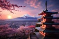 Mt Fuji with cherry blossom and chureito pagoda in Japan, Fujiyoshida, Japan, Beautiful view of Mount Fuji and Chureito Pagoda at Royalty Free Stock Photo