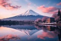 Mt Fuji with cherry blossom at Kawaguchiko lake in Japan, A beautiful scenic landscape of Mount Fuji or Fujisan with reflection on Royalty Free Stock Photo