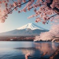 Mt Fuji and Cherry Blossom at Kawaguchiko Lake in Japan, Japanese cherry blossoms and Mount Fuji, Ai Generated