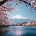 Mt Fuji and Cherry Blossom at Kawaguchiko lake in Japan. Japanese cherry blossoms and Mount Fuji, Ai Generated