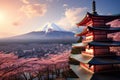 Mt. Fuji with cherry blossoms in Japan at sunset, Fujiyoshida, Japan Beautiful view of mountain Fuji and Chureito pagoda at sunset