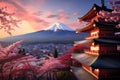 Mt Fuji and Chureito Pagoda with cherry blossom, Fujiyoshida, Japan Beautiful view of mountain Fuji and Chureito pagoda at sunset