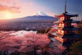 Mt Fuji and Chureito Pagoda with cherry blossom in Japan, Fujiyoshida, Japan, Beautiful view of Mount Fuji and Chureito Pagoda at