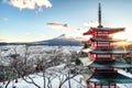 Mt. Fuji with Chureito Pagoda at sunrise in autumn, Fujiyoshida, Japan