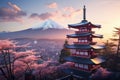 Mt Fuji and Chureito Pagoda at sunrise, Japan, Fujiyoshida, Japan Beautiful view of mountain Fuji and Chureito pagoda at sunset,