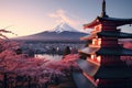 Mt Fuji and Chureito Pagoda at sunrise, Japan, Fujiyoshida, Japan Beautiful view of mountain Fuji and Chureito pagoda at sunset,