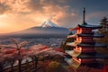 Mt. Fuji and Chureito Pagoda at sunset. Generative AI