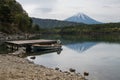 Mt.Fuji and floating boat on Lake Saiko in morning, Yamanashi Royalty Free Stock Photo