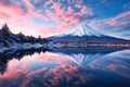 Mt Fuji at Kawaguchiko lake in Japan. Beautiful scenic landscape of mountain Fuji or Fujisan with reflection on Shoji lake at Royalty Free Stock Photo