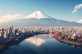 Mt Fuji and Kawaguchiko lake in Japan, Japan. Aerial view of Tokyo cityscape with Fuji mountain in Japan, AI Generated