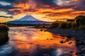 Mt Fuji at Kawaguchiko lake at sunset, Japan, Picturesque sunset over Tongariro river and lake Taupo, AI Generated Royalty Free Stock Photo