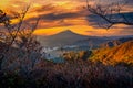 Mt. Fuji over Lake Kawaguchiko with autumn foliage at sunrise in Fujikawaguchiko, Japan Royalty Free Stock Photo