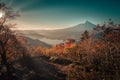 Mt. Fuji over Lake Kawaguchiko with autumn foliage at sunrise in Fujikawaguchiko, Japan Royalty Free Stock Photo