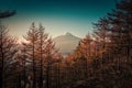 Mt. Fuji over Lake Kawaguchiko with autumn foliage at sunrise in Fujikawaguchiko, Japan Royalty Free Stock Photo