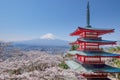 Mt. Fuji with red pagoda in autumn, Fujiyoshida, Japan