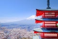 Mt. Fuji with red pagoda in autumn, Fujiyoshida, Japan