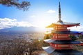 Mt. Fuji with red pagoda in winter, Fujiyoshida, Japan Royalty Free Stock Photo