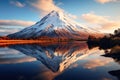 Mt. Fuji reflected in the lake at sunrise, New Zealand, Volcanic mountain in morning light reflected in calm waters of lake, AI