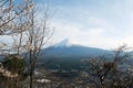 Mt. Fuji snow covering Top view Kawaguchiko lake Japan stock photo