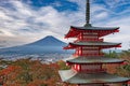 Mt. Fuji without snowcap with Chureito Pagoda on foreground at daytime in summer Royalty Free Stock Photo