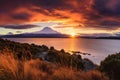 Mt. Fuji at sunset in Lake Kawaguchiko, Japan, Picturesque sunset over Tongariro river, AI Generated Royalty Free Stock Photo