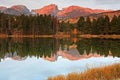 Mt. Hallet reflecred in Sprague Lake at Rocky Mountain N.P. Royalty Free Stock Photo