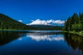 Mt Hood covered with snow reflecting in Trillium Lake on a beautiful and sunny day, Cascade Range, Oregon, USA