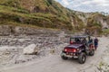 MT PINATUBO, PHILIPPINES - JAN 30, 2018: Tourist vehicle on a lahar mudflow remnant at Pinatubo volcan