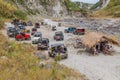 MT PINATUBO, PHILIPPINES - JAN 30, 2018: Tourist vehicles on a lahar mudflow remnant at Pinatubo volcan