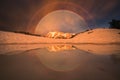 Mt Shuksan double rainbow and reflections in sunset lighting Royalty Free Stock Photo