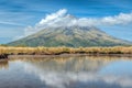 Mt. Taranaki reflected on a pond during a sunny day at New Zealand