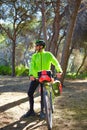 MTB Biker Bicycle touring in a pine forest Royalty Free Stock Photo