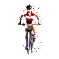 MTB cycling logo. Cyclist on bike, front view geometric low poly vector illustration