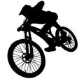 MTB downhill, enduro cross mountain biker doing an extreme jump on a mountain bike. MTB dh downhill mountain bike with helmet and