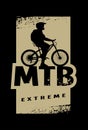 MTB extreme and cyclist silhouette. Banner, t-shirt print design on a dark background. Vector illustration.