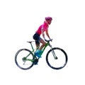 Mtb rider, woman biker on her mountain bike, low polygonal side view isolated vector illustration