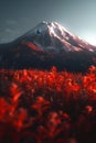 Mtfuji tallest volcano in tokyo, japan with snow capped peak and autumn red trees backdrop