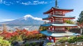 Mtfuji tallest volcano in tokyo, japan with snow capped peak and autumn red trees nature landscape