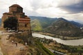 View of Jvari monastery, a 6th-century Orthodox monastery on a rocky mountaintop above the Old city of Mtskheta, confluence of the